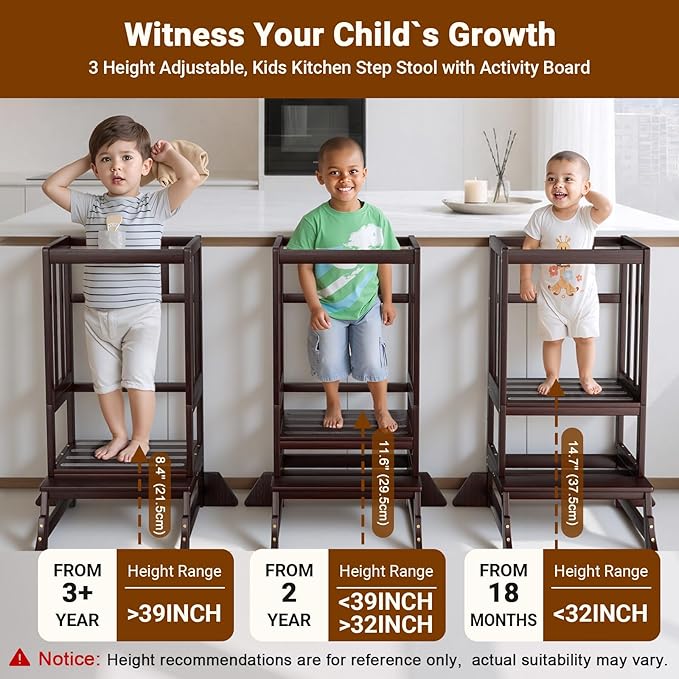 COSYLAND Height Adjustable Kitchen Stool for Toddlers – Portable Toddler Standing Tower for Learning and Cooking – Stable Kids Helper Tower with Stability Block for Kitchen Counter (Walnut)