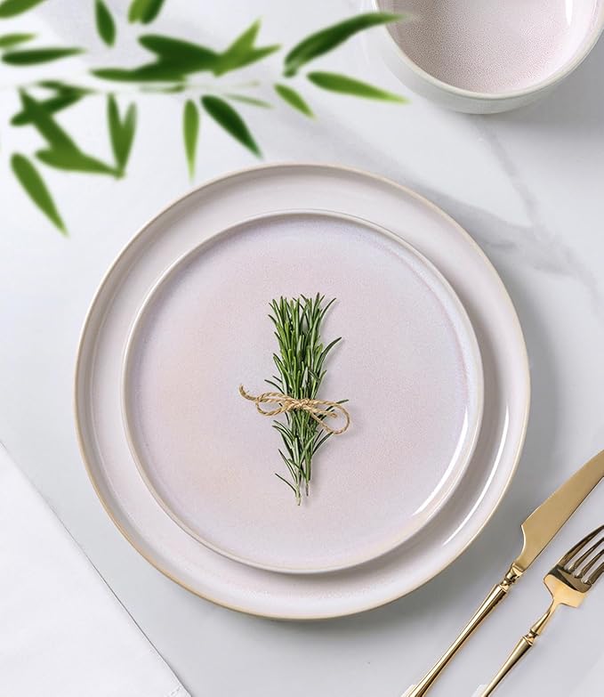 TheTerra Ceramic Dinnerware Sets for 4, 12 Pieces Handmade Reactive Glaze Plates and Bowls Set, Scratch Resistant Dish Set, Oven & Microwave & Dishwasher Safe, Primrose Pink
