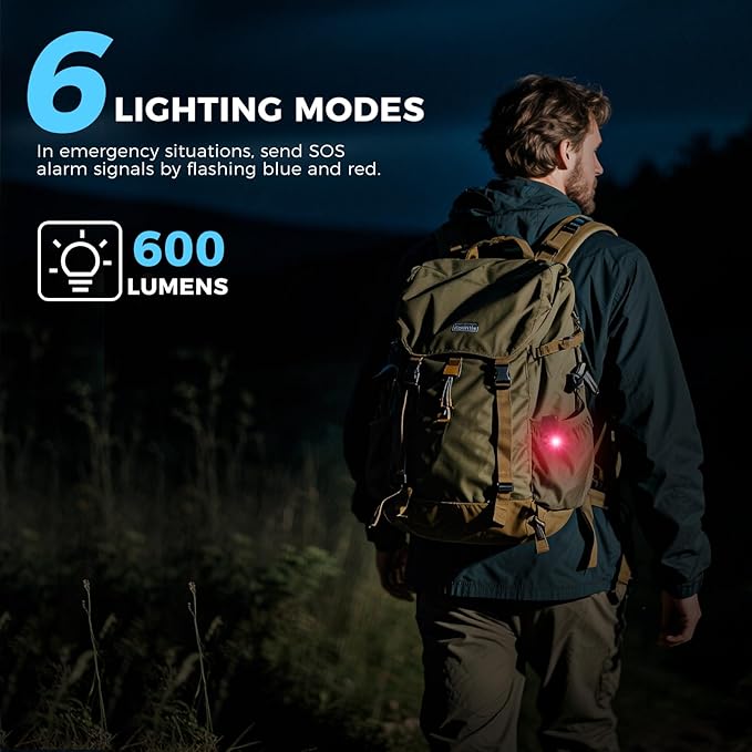 Rechargeable EDC Flashlight, 600 Lumens Dual LED Sources Mini Clip-on Light with Red & Blue Light, Portable Flat Pocket Flashlights, Magnetic Flashlight for Outdoor Home Emergencies