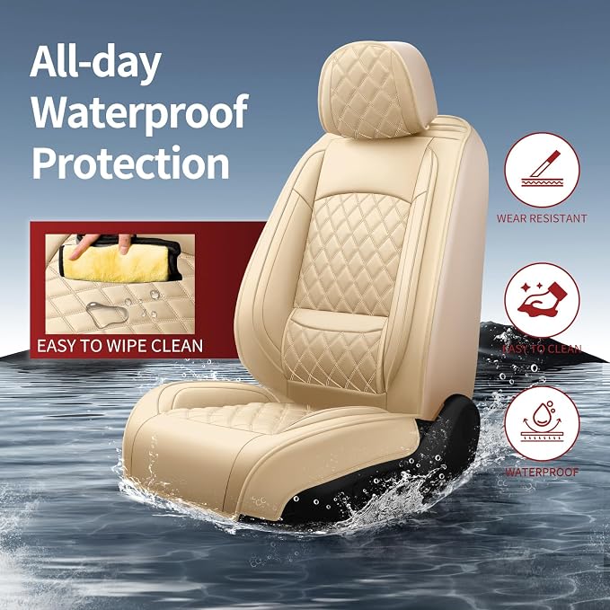 Car Seat Covers Compatible with Hyundai Tucson 2010-2025 2026- Full Set 5 Seats Luxury Leather All-Weather Seat Cushions & Protectors, Waterproof & Breathable, Airbag Compatible (Beige)