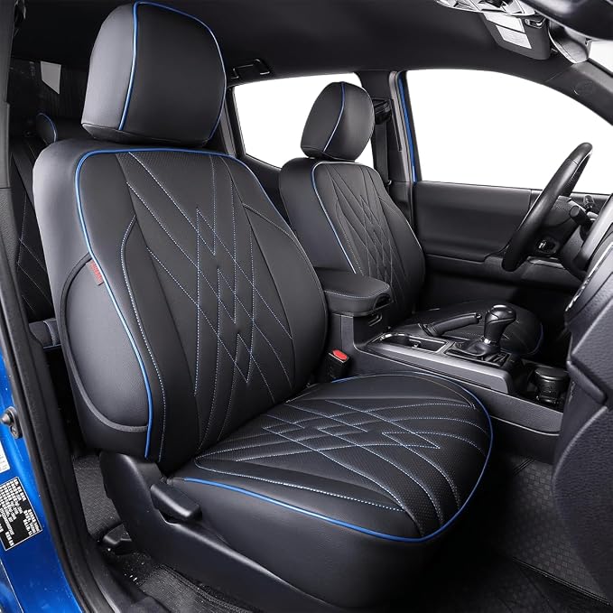 EKR Tacoma Front Seat Covers Custom Fit for Toyota Tacoma 2012 2013 2014 2015 (Regular Seats), Leather Truck Seat Cover for Car - Front Row Only,Faux Leather (Black with Blue Trim)