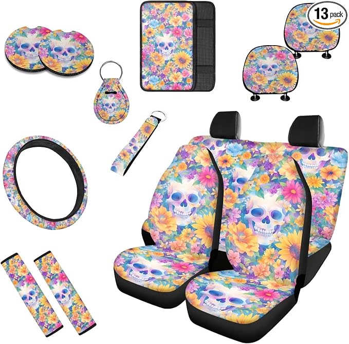 Skull 13 Pcs Car Seat Covers Full Set, Mexico Sunflower Skeleton Front Rear Auto Seat Cover Armrest Pad, Flower Field Steering Wheel Cover Headrests Coaster Keychain