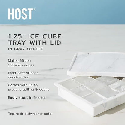 Host Ice Cube Tray with Lid, Makes 15 1.25" Cubes, Durable Silicone Trays