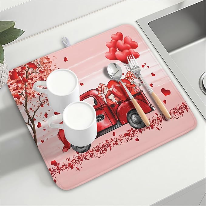 Valentine's Love Truck Dish Drying Mat, Valentine Red Gnomes Dish Drying Mat