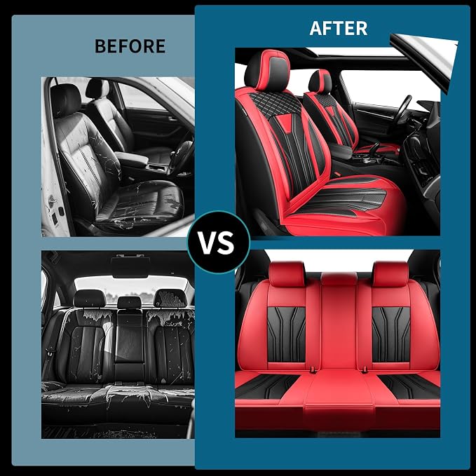 Fit Compass Car Seat Covers for Jeep Compass 2007-2025 2026 -Full Set Premium Leather, Waterproof & Breathable，All-Weather Seat Cushion Protecto & Airbag Compatible, 2 Front Seat Red & Black