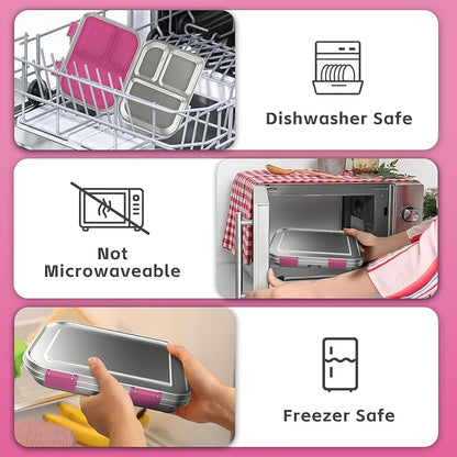 Stainless Steel Kids Leak-Resistant Bento Lunch Box, 3-Compartments with Silicone Container, Dishwasher-Safe, Child-Friendly Design for School, Picnics & Travel,BPA-Free(Pink)