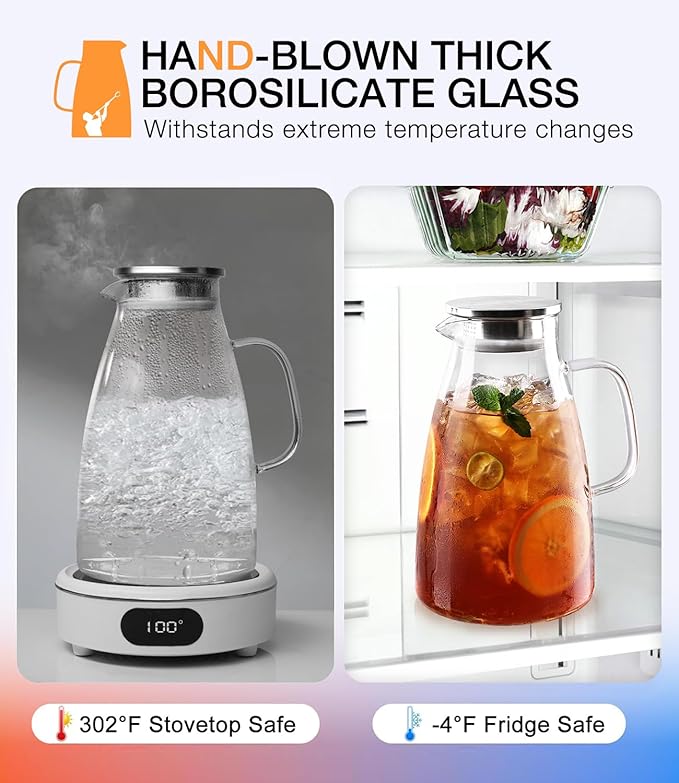 Glass Pitcher with Lid, 3 Liter 100oz Water Pitcher with Handle and Spout
