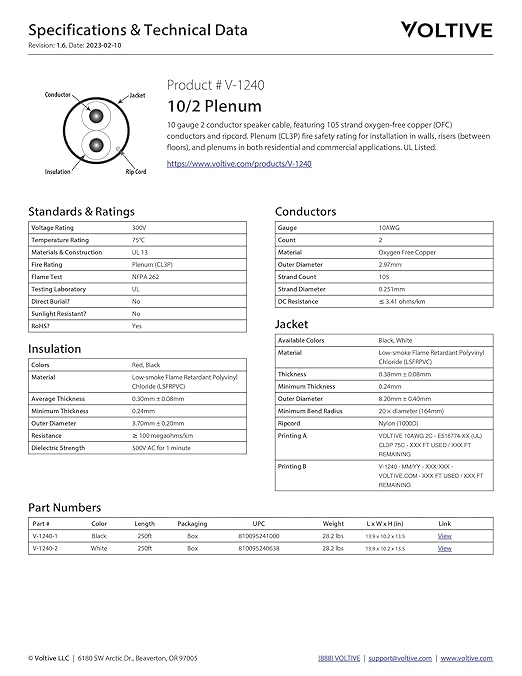 Voltive 10/2 Speaker Wire, Plenum CL3P, 250ft