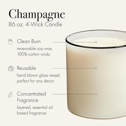 LAFCO New York Luxe 4-Wick Candle, Champagne - 86 oz - 200-Hour Burn Time - Reusable, Hand Blown Glass Vessel - Made in The USA