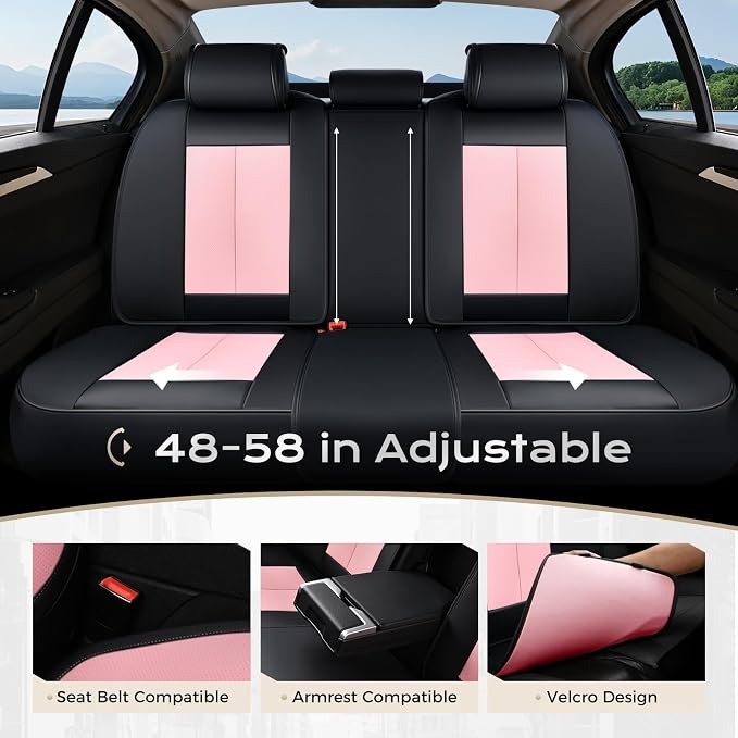 Coverado Car Seat Covers Full Set, Seat Covers for Cars, Black Car Seat Covers Front Seats and Back Car Seat Protector Waterproof, Leather Car Seat Cushion Universal Fit for Most Cars Pink