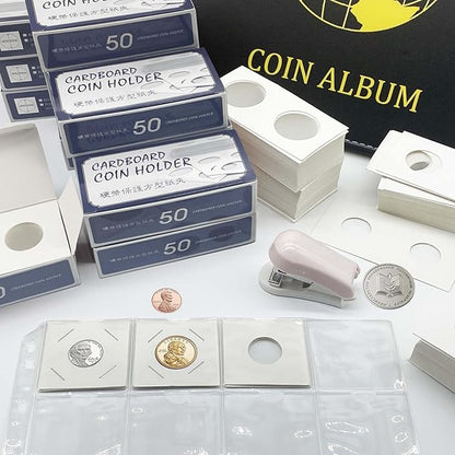 200 PCS Cardboard Coin Flips with 10 Sheets Coin Pocket Pages, 4 Assorted Sizes 2" x 2" Cardboard Coin Holders Coin Flips Coin Collection Supplies for Dime, Dollars, Penny, Quarter, Nickels Collecting