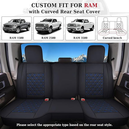 Coverado Ram Seat Covers Full Set, Waterproof Ram 1500 Seat Cover Compatible with 2002-2026 Dodge RAM 1500 2500 3500 Crew Quad Cab with Curved Bench, Black&Blue line
