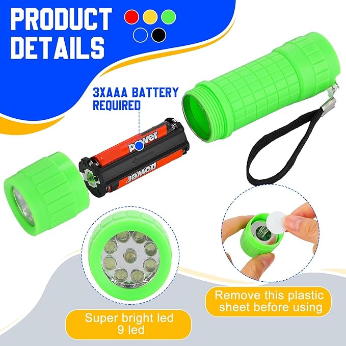 Riakrum 60 Pack 9 LED Flashlight Bulk Small Plastic Handheld Flashlights with Lanyard for Home School Night Reading Emergency Christmas Gifts, AAA Batteries Included(Fresh Color)