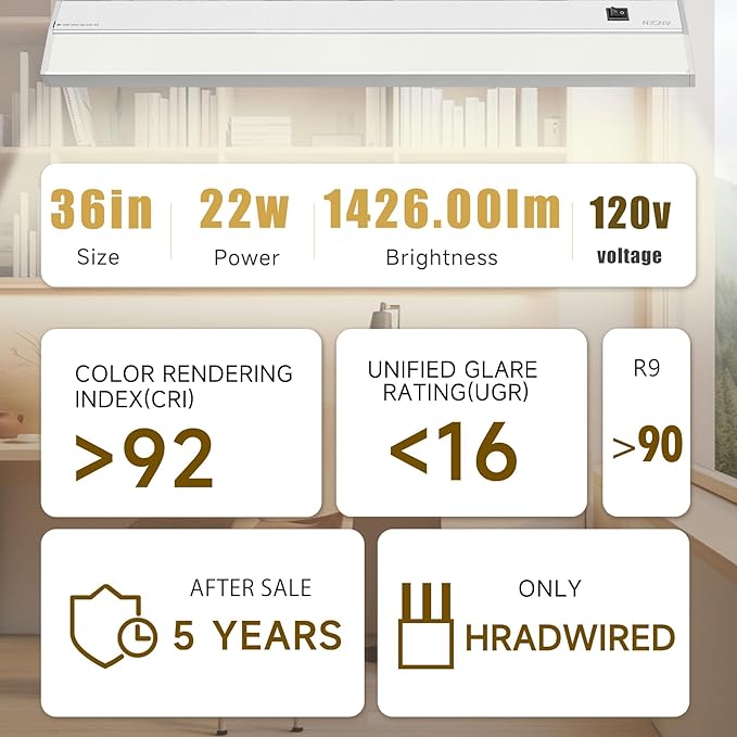 Ansen Hardwired Under Cabinet Lighting, 36in 22W LED Light