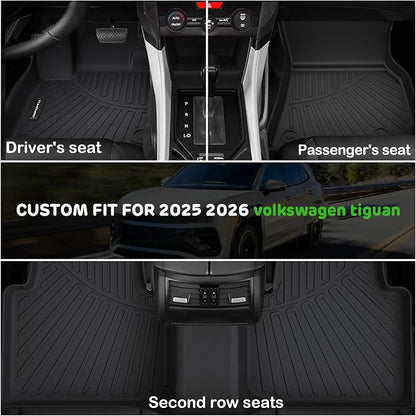 Floor Mats for 2026 2025 Volkswagen Tiguan Upgrade Trunk Mat with Backrest Mat All Weather TPE Floor Liners Fit for 2025 2026 VW Tiguan Anti-Slip Full Set Car Accessories