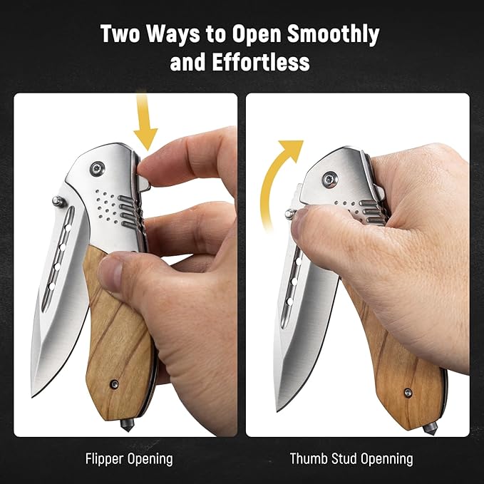 Folding Pocket Knife - 3.46" Sharp Blade Olive Wood Handle Pocket Knives with Clip, Glass Breaker - EDC Knife for Dad Women Tactical Hunting Survival Camping Fishing Hiking - Sliver