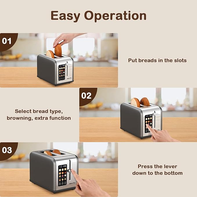 Mecity 2 Slice Touch Screen Toaster, 1.5" Wide Slot, Stainless Steel Smart