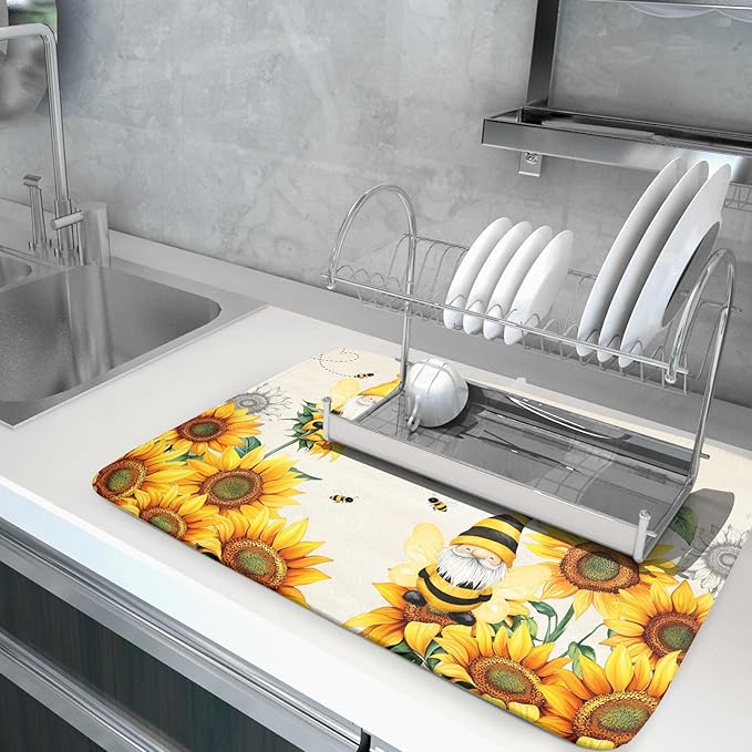 Giwawa Bee Gnomes Dish Drying Mat, Summer Sunflowers Elf Dish Drainer Mats