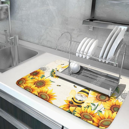 Giwawa Bee Gnomes Dish Drying Mat, Summer Sunflowers Elf Dish Drainer Mats