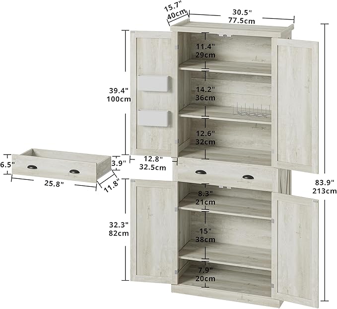 IRONCK Kitchen Pantry Storage Cabinet 83.9" H, with Barn Doors, Drawer, 4 Adjustable Shelves, Freestanding Cupboard for Dining Room Living Room, Laundry, Rustic Maple
