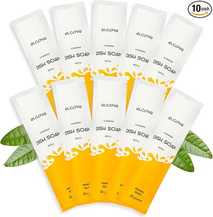 Foaming Dish Soap Refill Eco Friendly (10pk), Concentrated Powder Refills Make 10 Bottles x12 oz each of Foam Dish Soap, Zero Waste, Gentle on Hands (Mango Bliss)