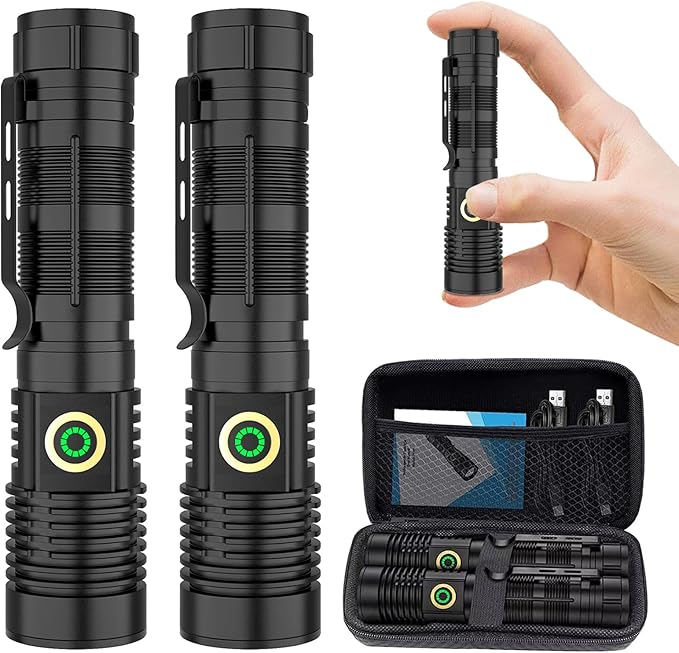 Rechargeable Flashlight High Lumens 2 Packs, High Lumens Super Bright Flash Light, Long-Range Zoomable LED Flashlights for Emergency, EDC, Searching, Waterproof Flashlight Dimmable