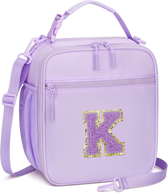 Initial Insulated Lunch Bag for Girls Kids, Back to School Gift, Reusable Leak-proof Lunch Box with Adjustable Strap for School Daycare Travel Picnic (Purple,K)
