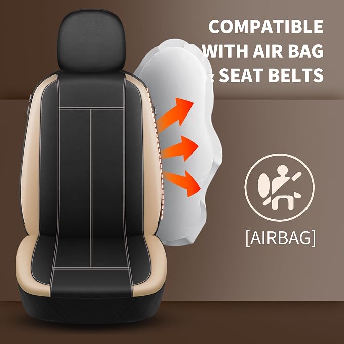 HChengkikz Car Seat Covers Front Seat, Waterproof Neoprene Seat Covers, Car Seat Cover Airbag Compatible, Universal Automotive Comfort for Most Cars, Trucks, SUVs (Black + Beige)