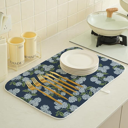 Navy Blue Dish Drying Mat 18x24 Inch Blue Green Vintage Floral Hydrangea Flower