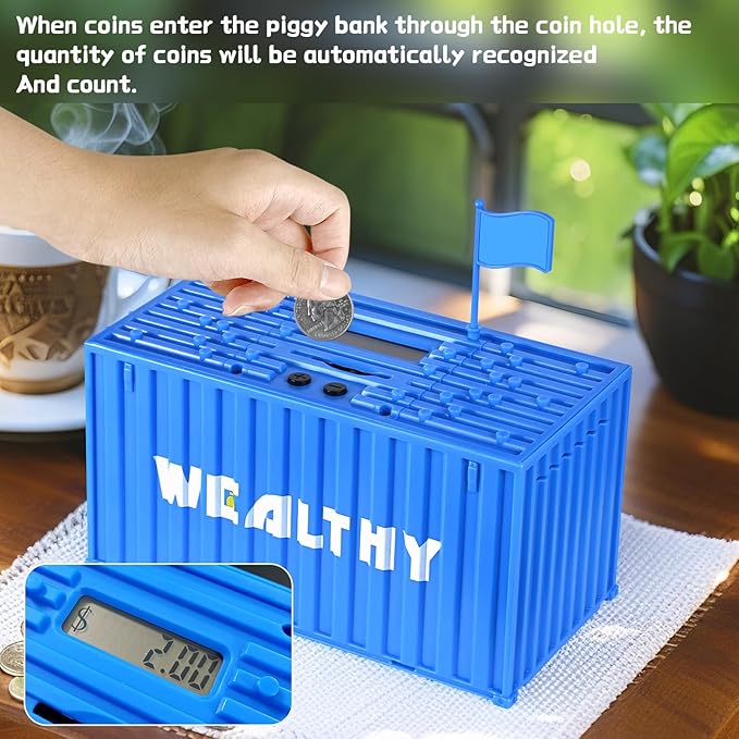 Piggy Bank for Kids, Unbreakable Building Blocks Container Money Saving Box for Adults, Digital Coin Counting Bank with LCD Counter, Great Children’s Gifts for Birthday, Easter, Christmas Blue