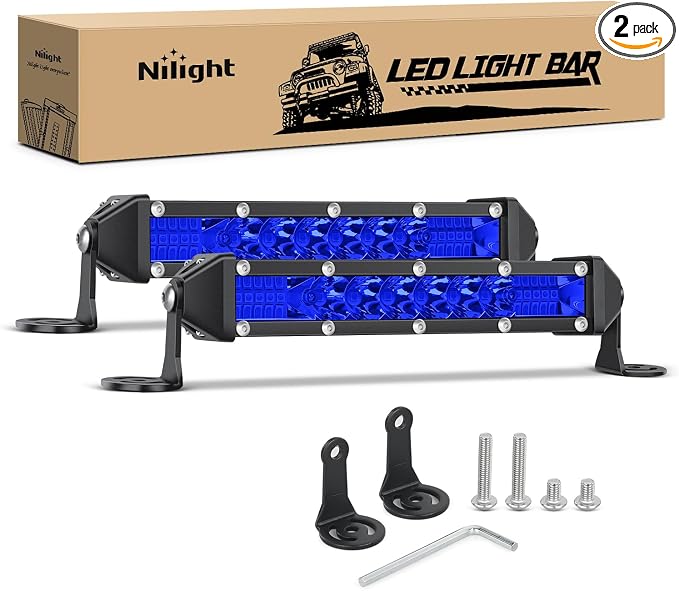 Nilight Slim LED Light Bar 2Pcs 7 Inch 16LED Single Row Spot Flood Combo Blue Off Road Driving Fog Fishing Hunting Emergency Safety Signal Lighting for 12V 24V ATV UTV Pickup Truck Tractor Boat