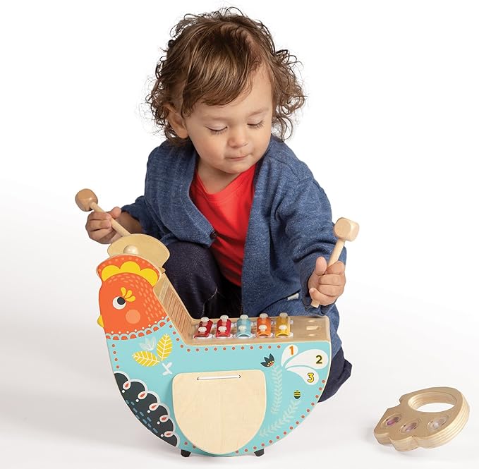 Manhattan Toy Musical Chicken Wooden Instrument for Toddlers with Xylophone, Drumsticks, Cymbal and Maraca,Blue