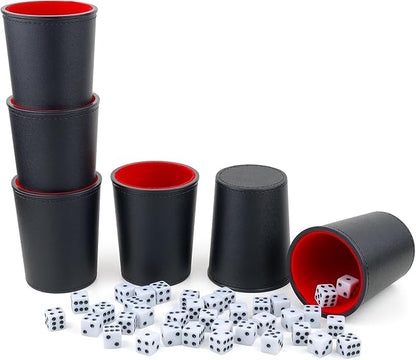 Felt-Lined PU Leather Dice Cup Set, 6 Quiet Dice Shaker Cups with 36 Dices for Bar Party Yahtzee Farkle Dice Games, Red and Black