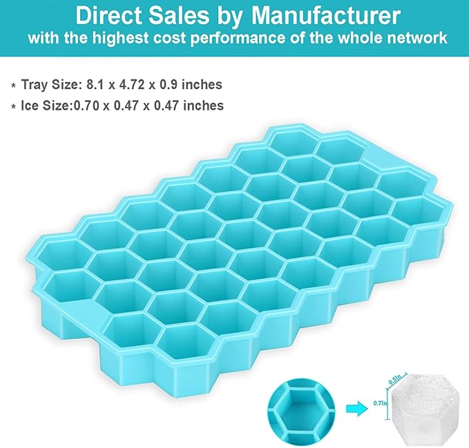 Azyh Ice Cube Trays with Lid, 2 Pack Silicone Ice Cube Trays with Lid-37 Grid
