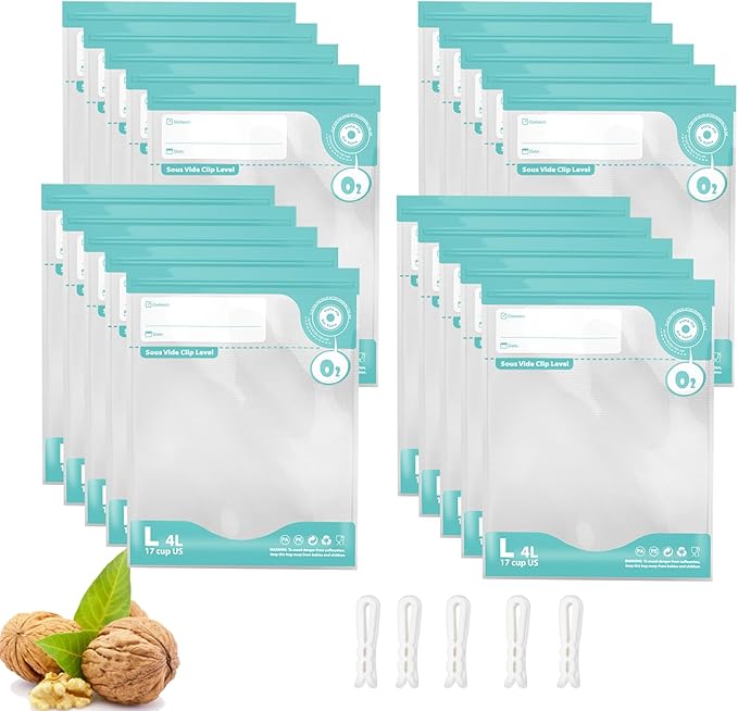 Sous Vide Bags Reusable, BPA Free Food Vacuum Sealer Bags, Double-sided 20C, Vacuum Food Storage Bags for Sous Vide Cooking/Microwave Heating, 20pcs Vacuum Zipper Bags (10.2x13.4inch)