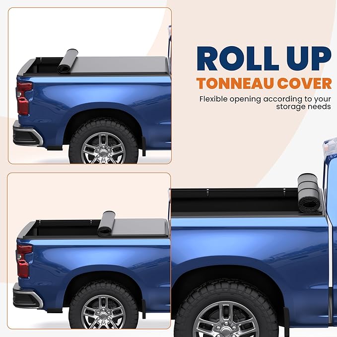 KUIPERAUTO 8FT Roll-Up Soft Vinyl Truck Bed Tonneau Cover Compatible for 14-18 Chevy Chevrolet Silverado/GMC Sierra 1500| 15-18 2500HD 3500HD (Inc. 2019 LD/Limited) Fleetside Long Bed On Top -96 Inch