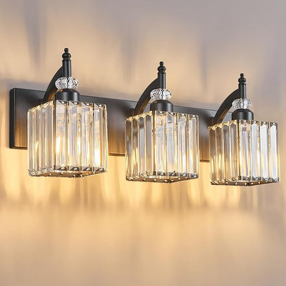 BBLLWJ Modern Bathroom Vanity Light 3-Light Black Crystal Light Fixtures Over