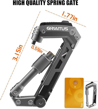 Carabiner Multitool with Pocket Knives, 8-in-1 EDC Carabiners, Serrated Knife, Rope Cutter, Screwdriver, Can Bottle Opener, Ruler, Folding Knife for Camping Hiking, Gifts for Men (Grey)