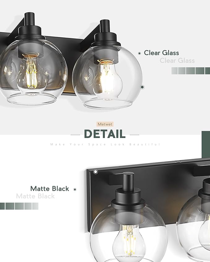 METWET Bathroom Light Fixtures, 2 Light Matte Black Vanity Light, Modern Wall