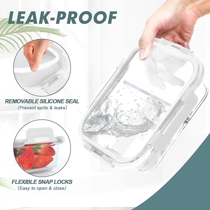 KOMUEE 30 oz 5 Pack Glass Meal Prep Containers 2 Compartments, Glass Food Storage Containers with Lids, Airtight Lunch Box, Microwave, Oven and Freezer Safe, White
