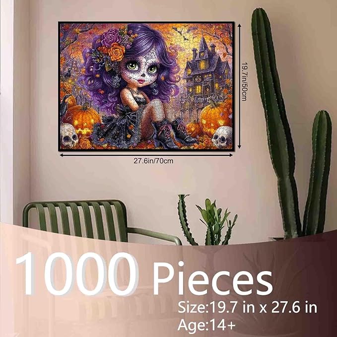 Halloween Gothic Girl Puzzle for Adults 1000 Piece Purple Hair Sugar Skull Day of The Dead Jigsaw Puzzle Spooky Haunted House Puzzle Fall Aesthetic Decorative Puzzles Gift for Women Family Fun Game
