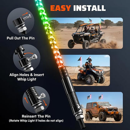 Ehaho 1 PC 1FT Whip Lights with Spring Base, APP & Remote Control Led Whip Lights for Side by Side, Spiral RGB Chasing Lighted Whips with Rocker Switch, Music Led Whips for UTV ATV RZR SXS Can-Am