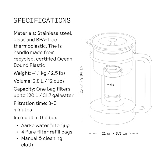 Aarke Purifier Large Glass Pitcher Bundle w/Steel Filter, 4 Pure Refill Granules