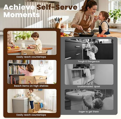 Toddler Tower Foldable Toddler Kitchen Stool Helper with 2 Step Stool, Safety Net, Adjustable Height, Chalk-Whiteboard& Montessori Activity