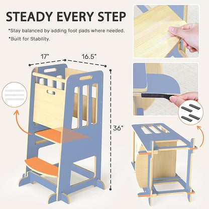 WINGYZ Toddler Kitchen Stool – Adjustable Helper Tower for Kids with Safety Rail, Wooden Standing Step-Up Stool, Sliding Door & Stable Base, Light Blue