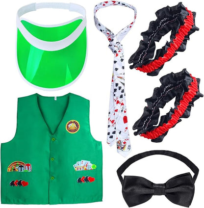 Yewong Casino Dealer Vest Set Dealer Visors Hat Bowtie Playing Card Tie Armband for Las Vegas Birthday Game Night Party Favors Supplies