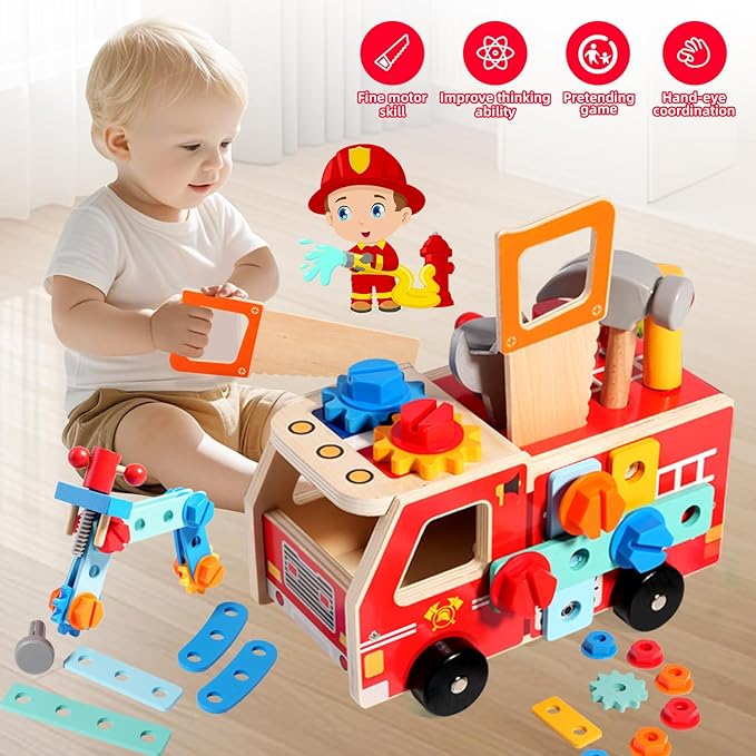 Toddler Tool Set - 33 PCS Wooden Kids Tools with Firetruck-Shaped Box / Bench, Montessori Educational Pretend Play Preschool Toys Gifts for 3 Year Old boy Girl Kids, STEM fine Motor Skills Tool Set