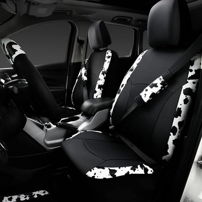 CAR-PASS Cow Print Car Accessories Sets Faux Leather Car Seat Covers & Cow Car Mats & Cow Steering Wheel Cover Seat Belt Pads Universal fit for SUV,Van,Saden,Truck Cute Automobile Interior Sets Women