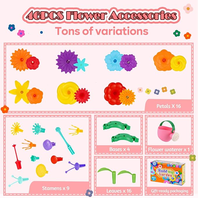 FUNZBO Flower Garden Building Toys Set - Birthday Gifts for Age 2 3 4 5 6 Years Old Girl, STEM Montessori Educational Toy for Toddler Kid, Sorting & Stacking Spring Gardening Set for Birathday Gift