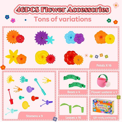 FUNZBO Flower Garden Building Toys Set - Birthday Gifts for Age 2 3 4 5 6 Years Old Girl, STEM Montessori Educational Toy for Toddler Kid, Sorting & Stacking Spring Gardening Set for Birathday Gift
